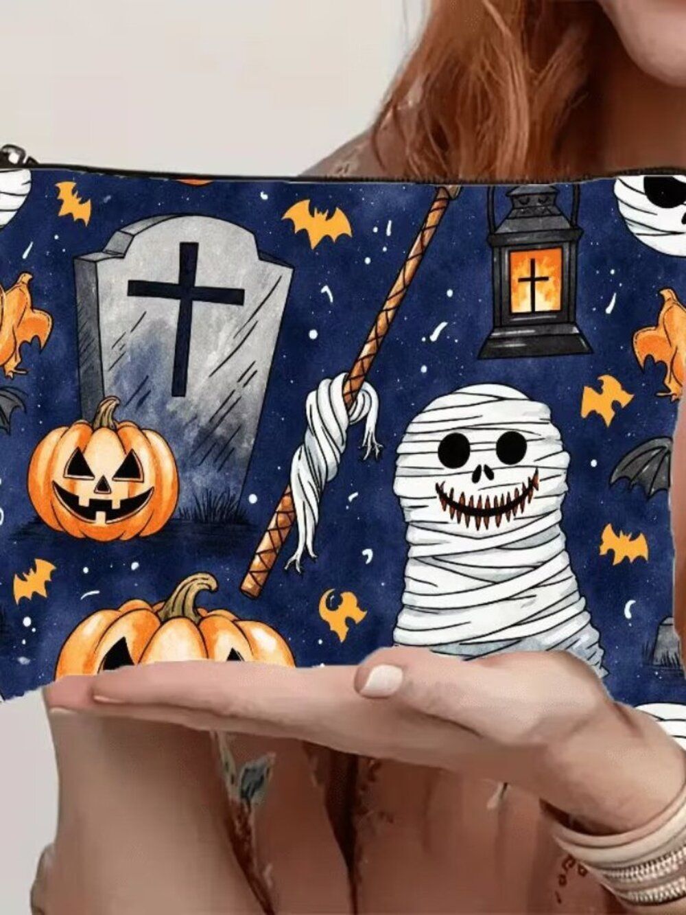 Halloween Gothic Pumpkins and Mummys Makeup Bag Double-Sided 6.3"h x 8.7"w